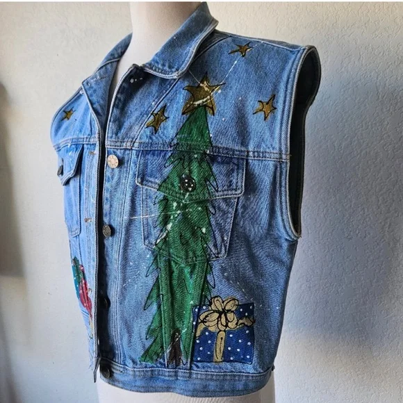 Sun Belt Denim Vintage 90s Womens Denim Vest Christmas Santa Handpained L Large - Picture 5 of 5